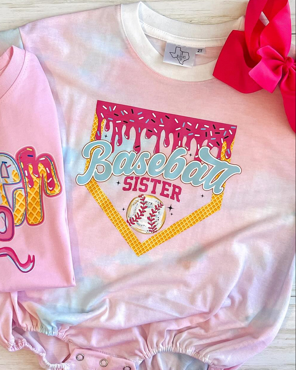 Baseball Sister Drip Bubble Romper + Tee